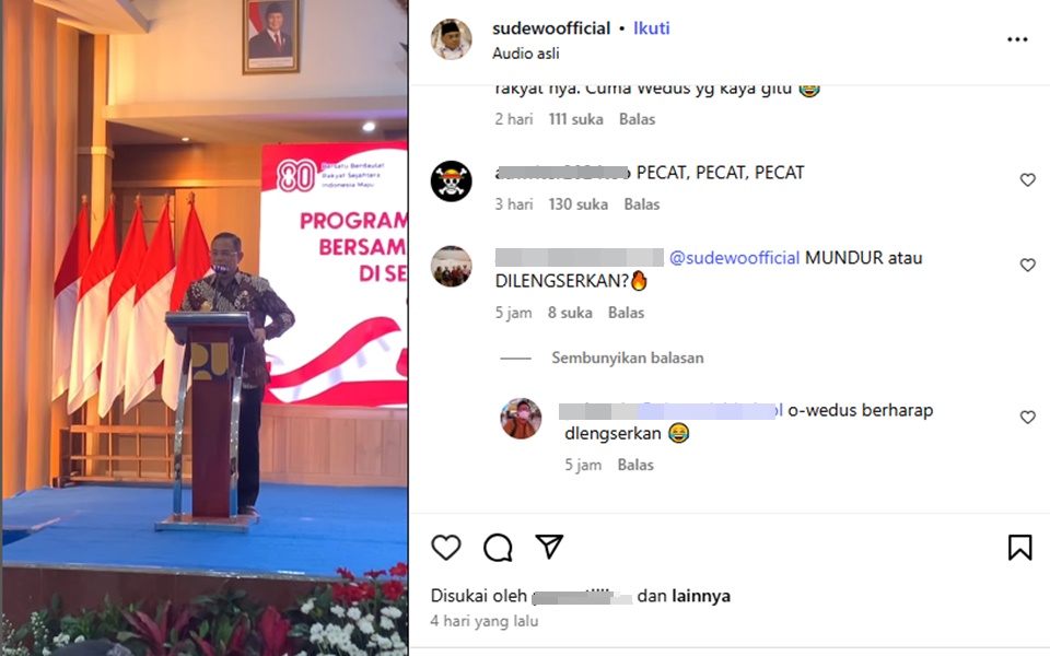 Akun Medsos Bupati Pati Sudewo Ikut Digeruduk Massa Diminta Mundur [Instagram]